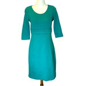 Boden WH518 aqua pique knit sheath dress, 8 long, office, modest, colorful